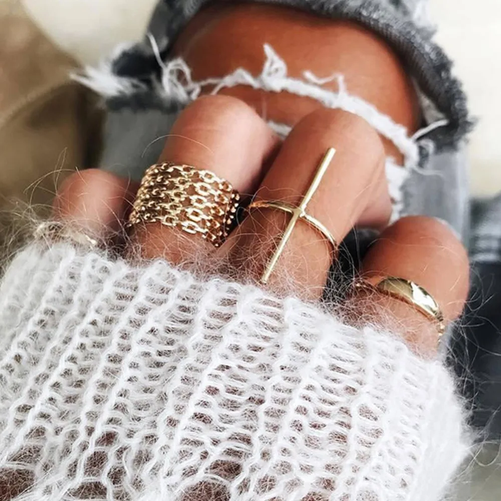Cross Creative Geometric Midi Rings Minimalist Gold Color Hollow Carved