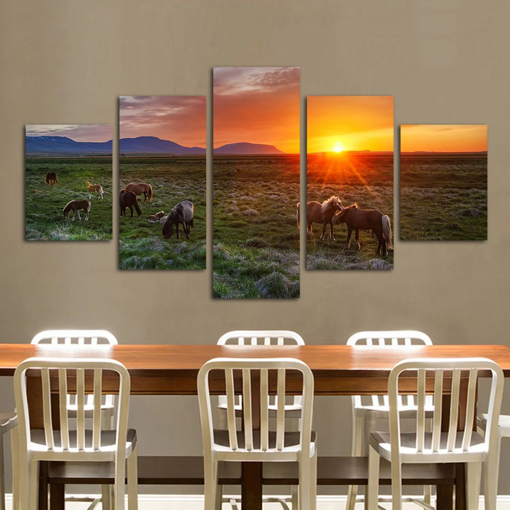 

QKART 5 Panels The herd of horses on the prair Canvas Art Wall Pictures for Living Room Office Hotel Home Decor Flower No Frame
