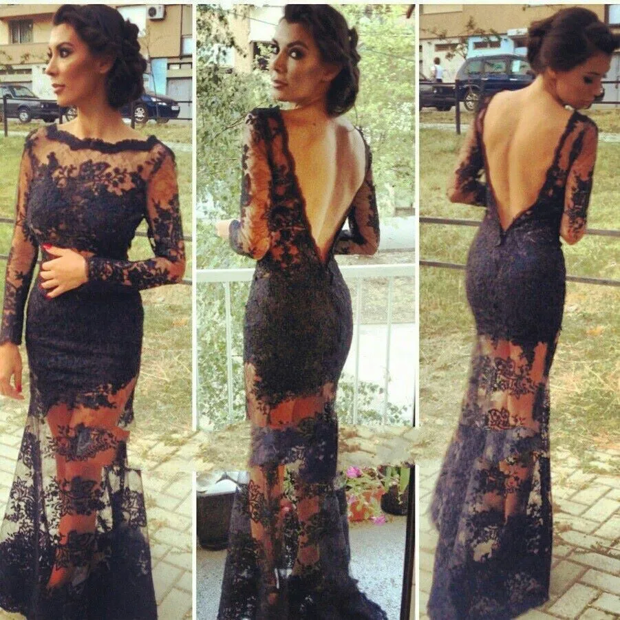 

Vestidos De Festa 2015 New Fashion Elegant Scoop Neck Long Evening Dresses Open Back Long Sleeve Party Dress Lace Prom Gowns