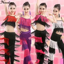 Новые детские костюмы для латинских танцев, костюмы для бальных танцев, танго, сальсы, латинских танцев, костюм для соревнований, штаны с бахромой, топы