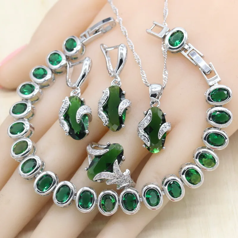 Зеленые полудрагоценные 925 Серебряные Ювелирные наборы для женщин ожерелье кулон серьги кольцо браслет свадебные ювелирные изделия подарок на день рождения