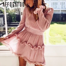 Afogatoo сексуальное шифоновое Плиссированное летнее розовое платье с v-образным вырезом и рюшами женское Элегантное повседневное короткое платье с высокой талией белое платье vestidos