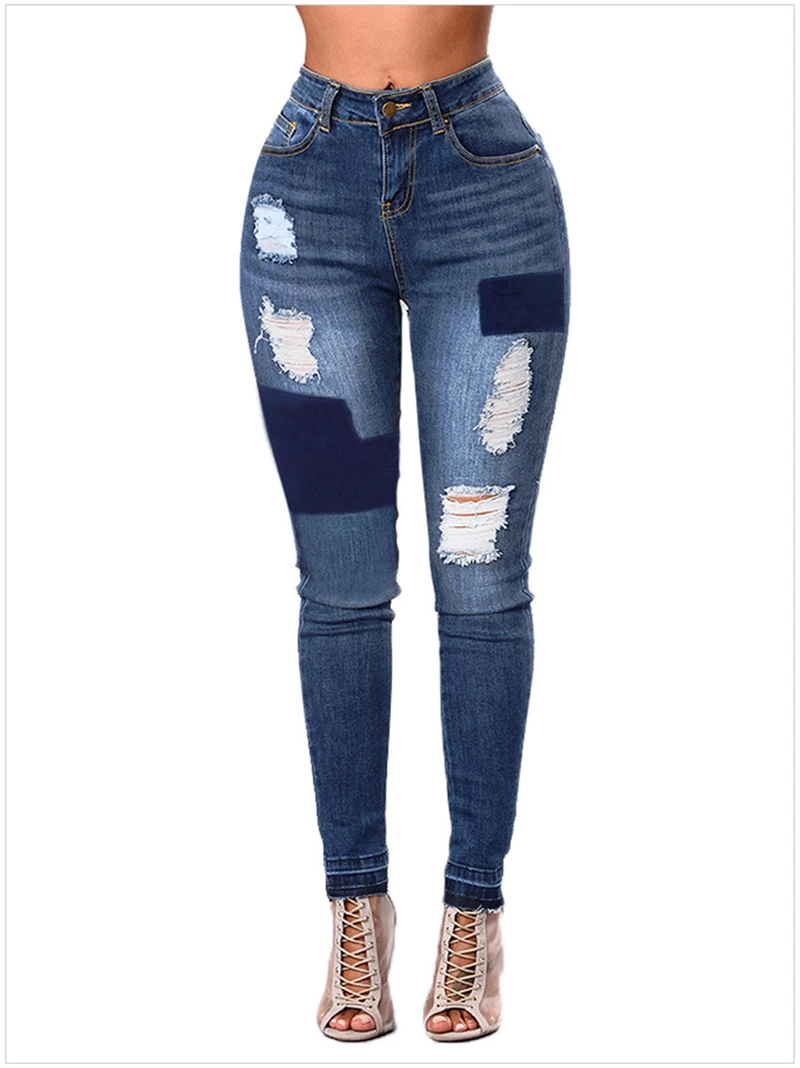 Сексуальные с высокой талией, из лоскутов, рваные джинсы для женщин, милые женские рваные джинсы-карандаш с завышенной талией, джинсовые штаны, большие размеры