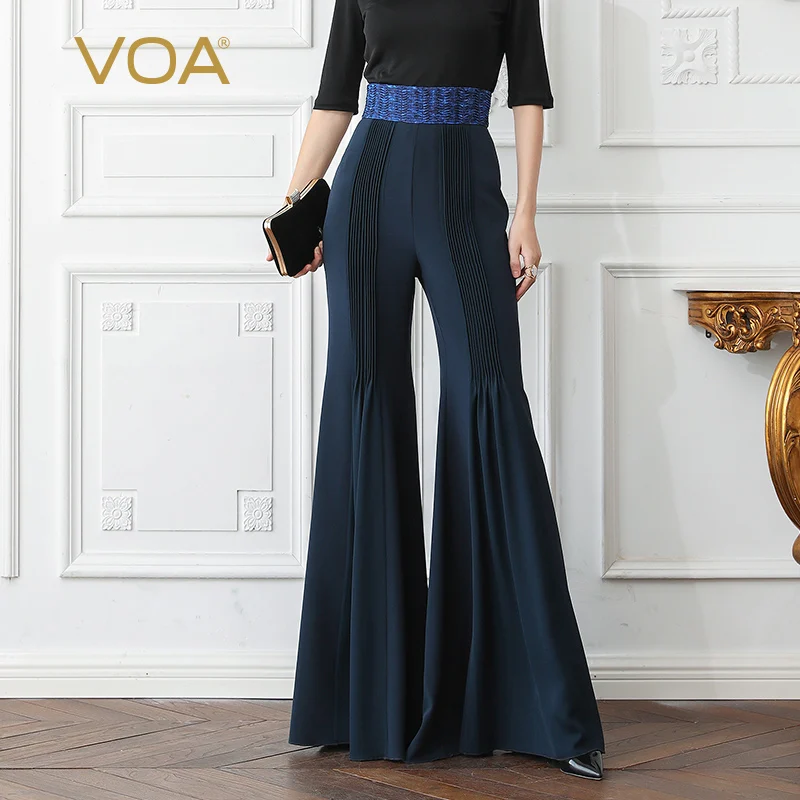 VOA Silk Pants High Waist Long Trousers Women Flare Pants Autumn Navy