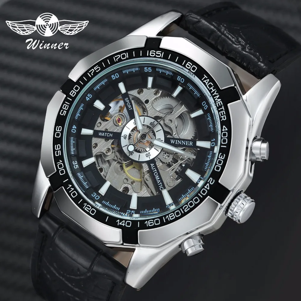 

WINNER Sport Fitness Watch Men Automatic Mechanical Watches Skeleton Dial Leather Strap Tachymeter Fashion Steampunk Wristwatch