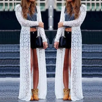 

Stylish Hot Sale Women's Solid Long Cardigan Summer Casual Lace Bikini Cover Up Swimwear Bathing Beach Robe Long Dress S-L