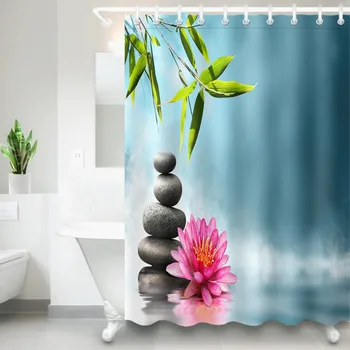

LB Waterproof Spa Shower Curtain Polyester Fabric Green Bamboo Leaf Black Stone Flower Bathroom Curtains for Bathtub Home Decor
