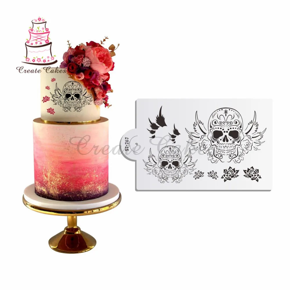 

Skull and Flower Decoration Stencil for Cake Side Plastic Cake Stencil Fondant Template Mold Sugarcraft Tools Bakeware st-767