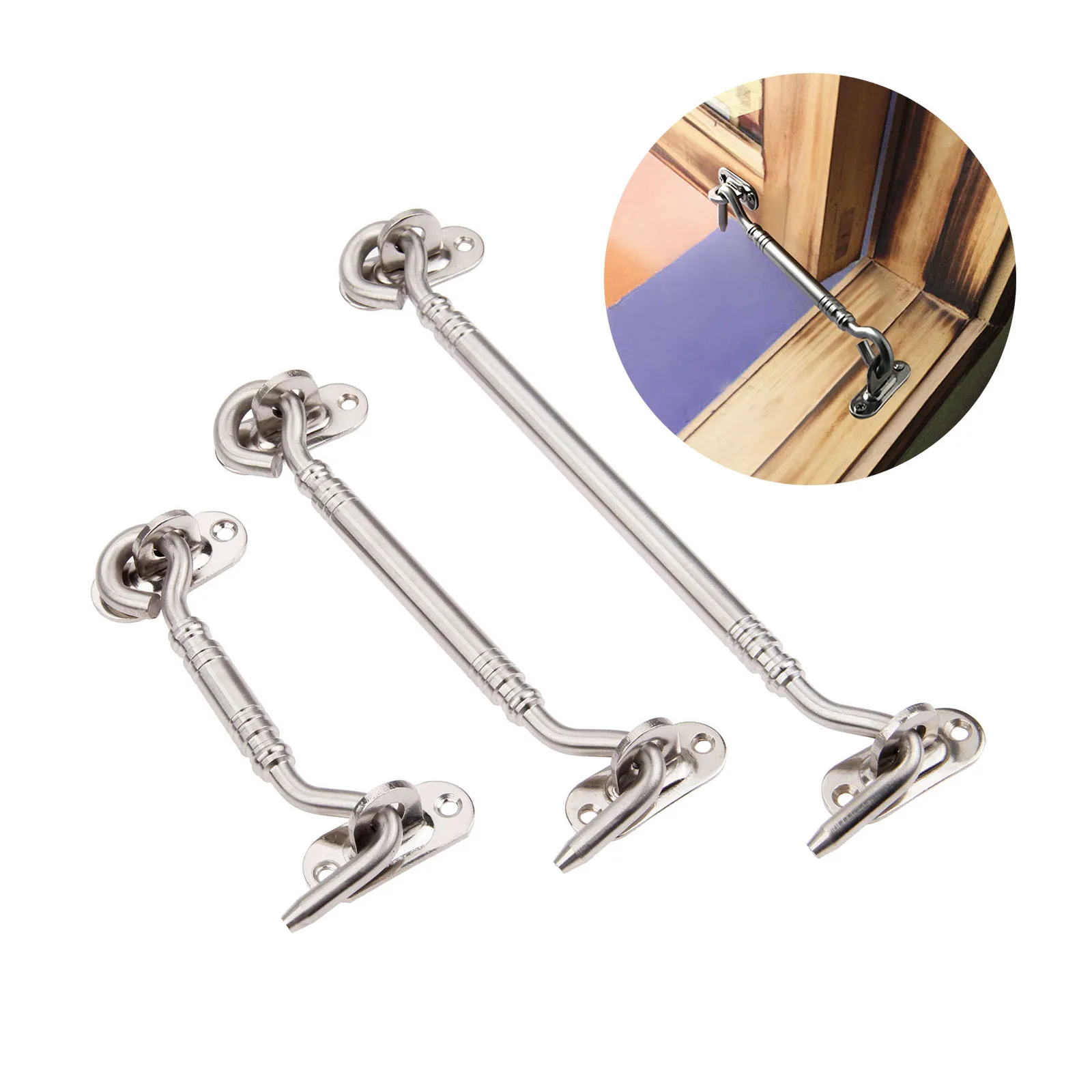 

DRELD 4"/6"/ 8" Stainless Steel Cabin Hook and Eye Latch Lock Shed Gate Door Catch Silent Holder with Screws Furniture Hardware