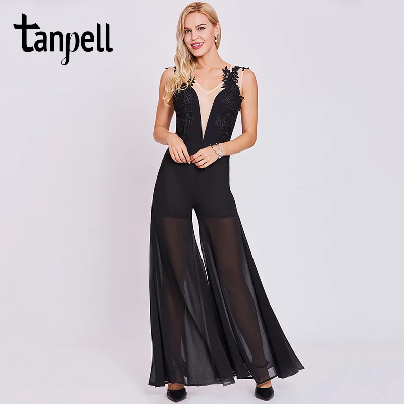 

Tanpell jumpsuit style evening dresses black sleeveless appliques a line floor length dress women v neck formal evening dress