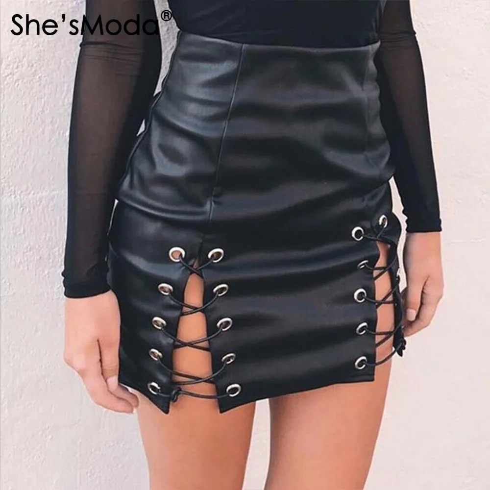 

She'sModa PU Leather Lace-up Women's Party Pencil Straight Mini Skirt