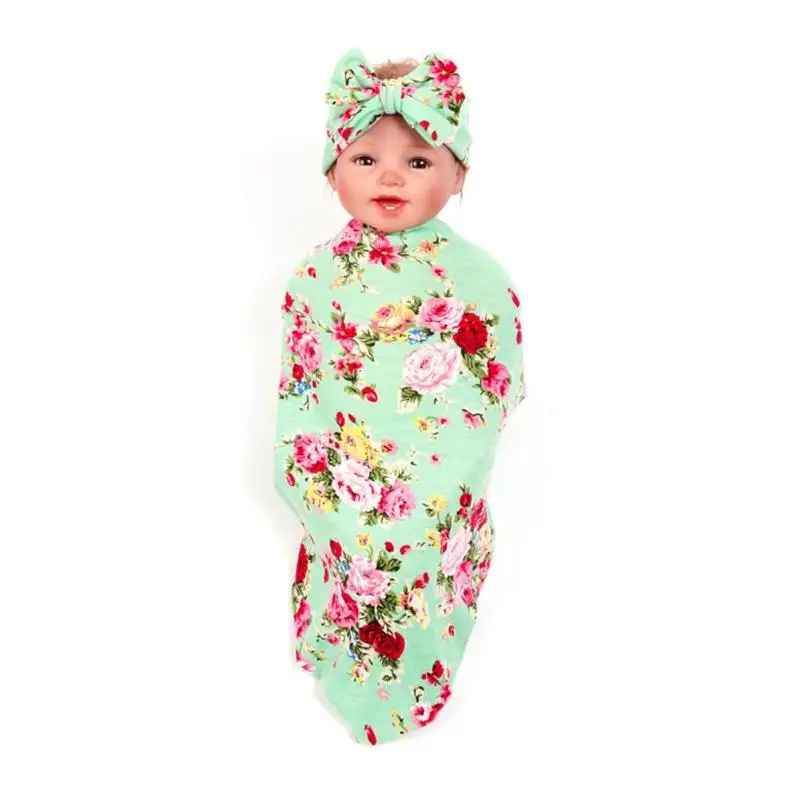 

2pcs/set Cute Infant Baby Bowknot Flower Print Swaddle Blanket Headband