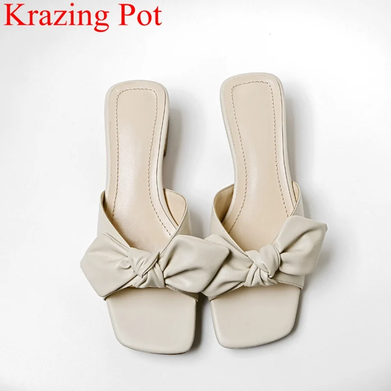 

2018 superstar genuine leather slingback beach square heel women sandals concise mules beach peep toe bowtie summer shoes L12