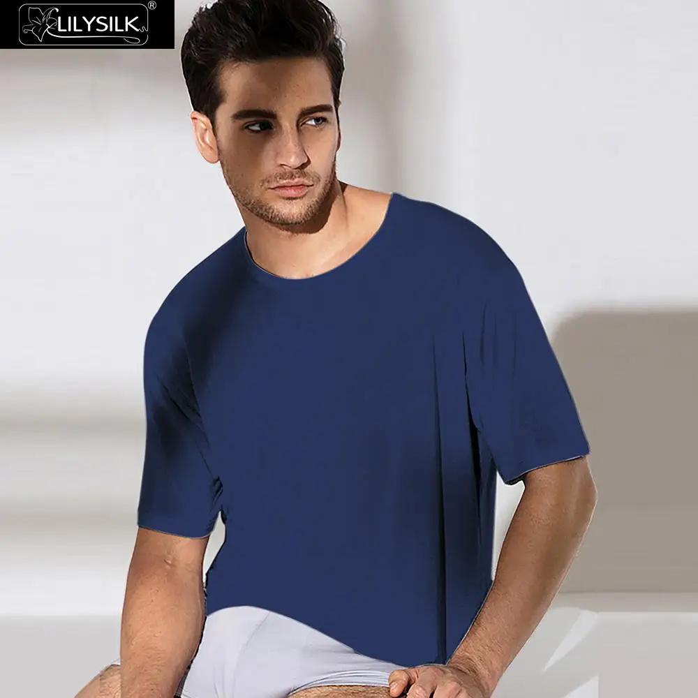 Dark blue LilySilk шелковая Футболка мужская классическая одежда с круглым вырезом - Цвет: Dark blue
