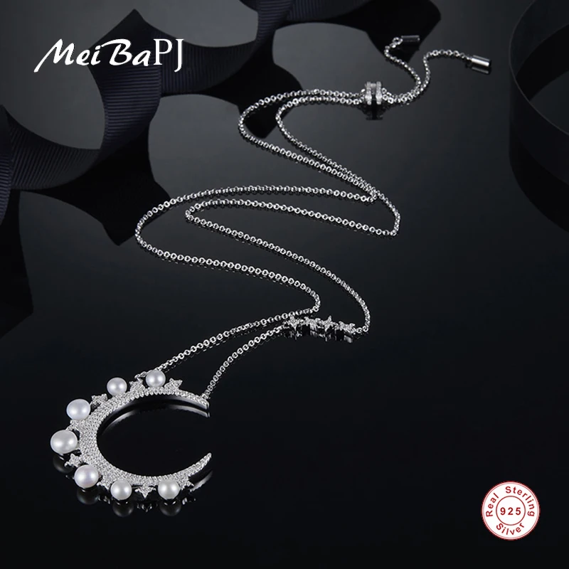 

[MeiBaPJ] Real 925 Sterling Silver Fashion Necklace for Women Natural Freshwater Pearl Moon Stars Pendant Fine Wedding Jewelry