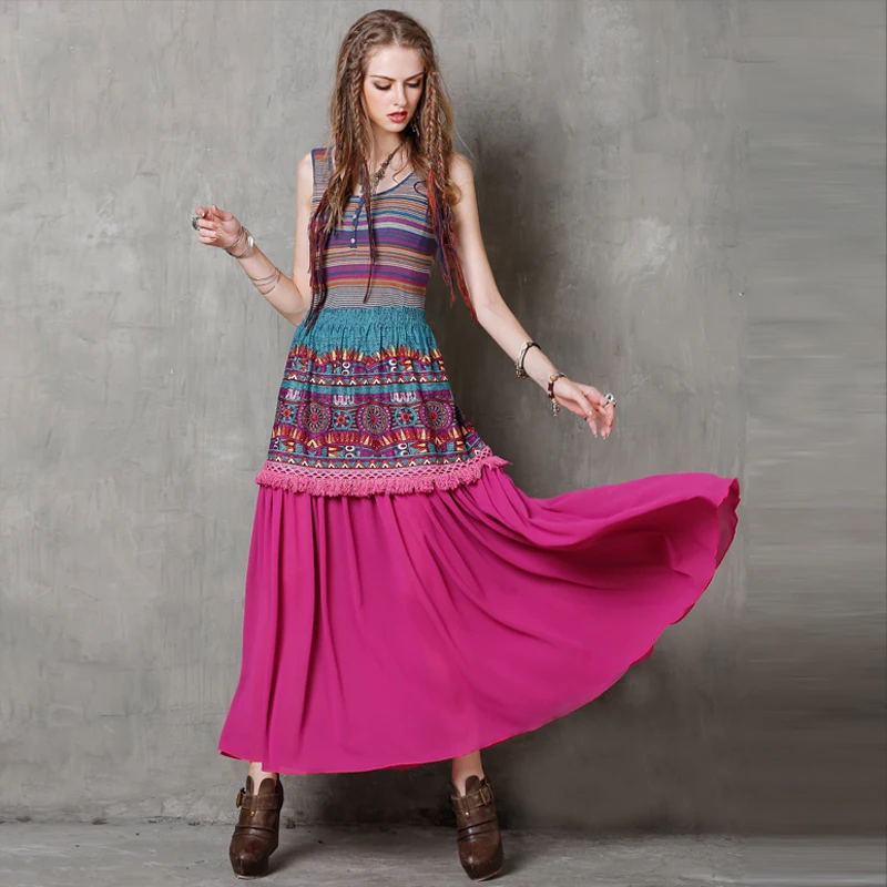 

Maxi Skirt 2017 Yuzi.may Hobo New Cotton Linen Skirts Womens All-match Swing Hem Floral Print Long Saias X2108 Saia Feminina