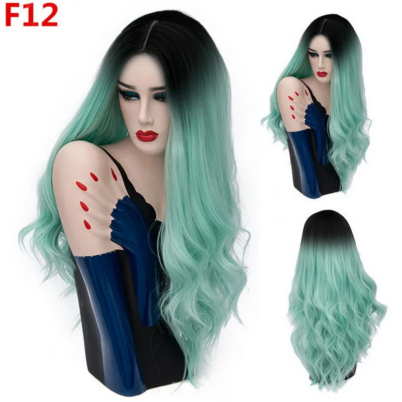 Fashion Long Wavy Ombre Hair Synthetic Wig Natural Wave Two Tone Black Grey Blue Green Grey Purple Wigs For Women 26 Models