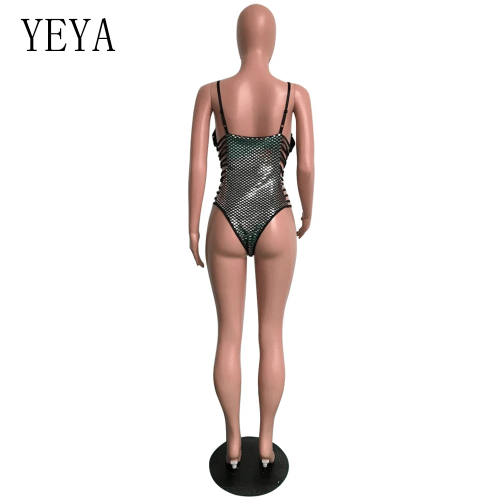 YEYA Sequined Bodysuits Women Tops Summer V Neck Sleeveless Hollow Out Bodycon Jumpsuit Romper Sexy Bodysuits Combinaison Femme