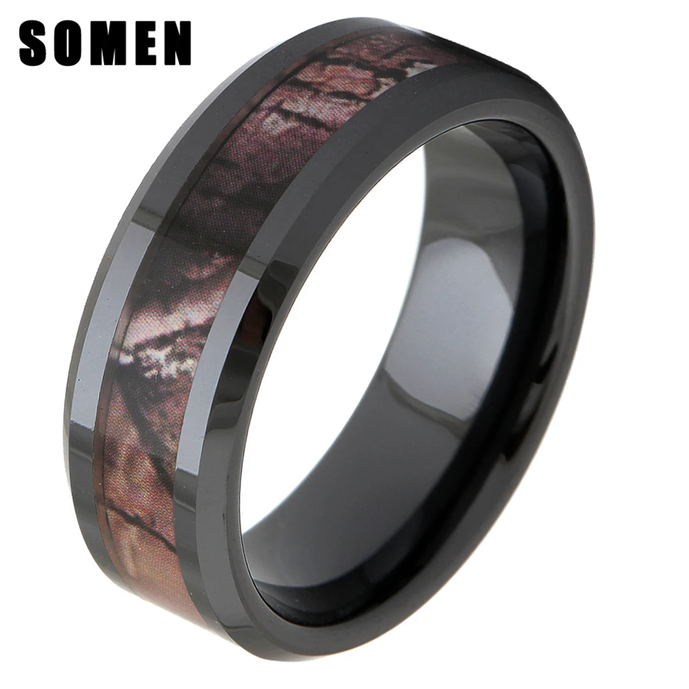 8mm Black Ceramic Ring Mens Camo Inlay Camouflage Hunting