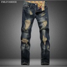 Весна Осень Новая мода хлопок повседневные мужские байкерские джинсы рваные джинсы