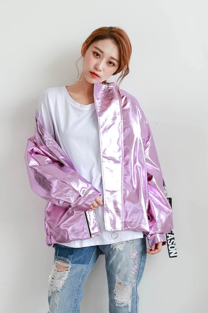 Chaqueta Bomber de Metal para hombre y Parka de holograma rosa y plateado, abrigo Punk, Hip Hop, ropa de exterior informal, primavera y otoño _ - AliExpress Mobile