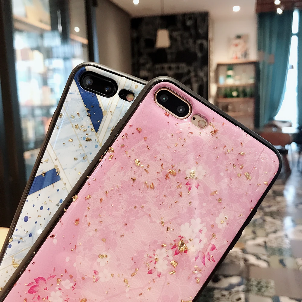 Gold Foil Cherry Blossoms Bling Phone Case For iPhone X XS Max XR Soft TPU Geometry Cover For iPhone 7 8 6 6s Plus Glitter Case (4)