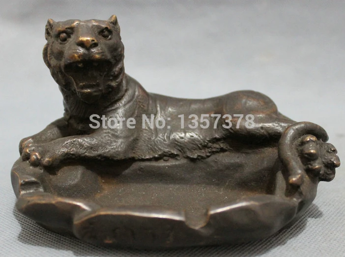 

shitou 00111 Chinese Bronze Art Animals Figurine FengShui Fierce Tiger Lion Statue Ashtray