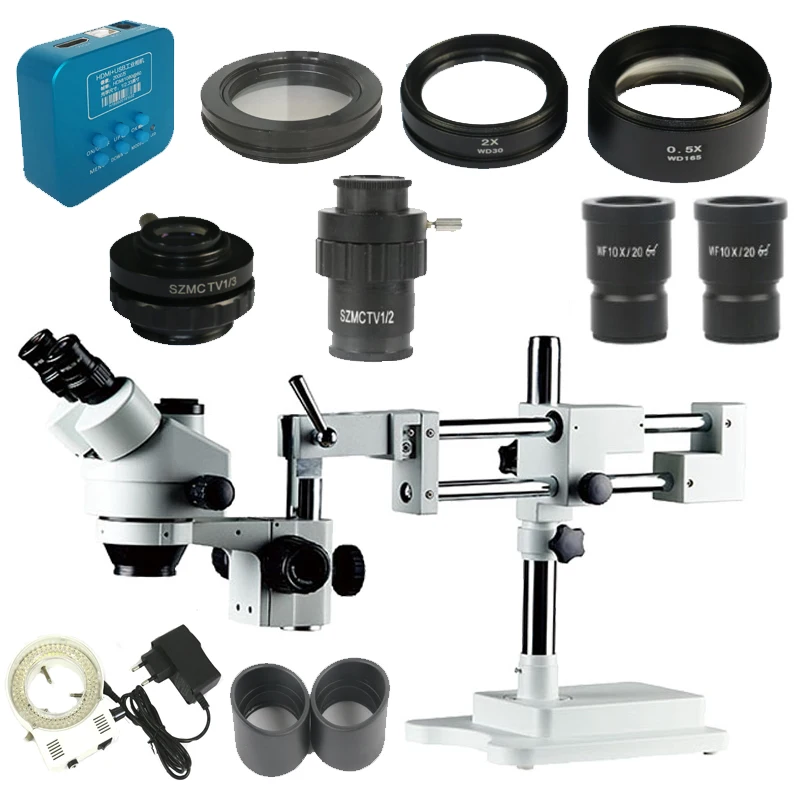 

3.5X-90X Double Boom Simul- Focal trinocular Stereo Microscope +20MP 1080P Full HDMI camera microscopio+1/2 1/3 adapter lens