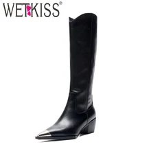WETKISS/Сапоги до колена из коровьей кожи; обувь на резиновой подошве с острым носком; женские сапоги на высоком толстом каблуке; модная обувь; Новинка года; сезон зима