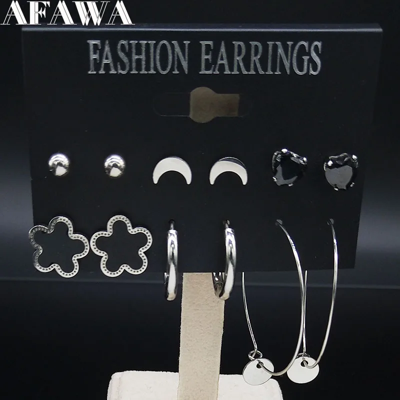 

Flower Moon Stainless Steel Earrings Set Women Silver Color Earrings Stud Fashion Jewelry acero inoxidable joyeria mujer E612838
