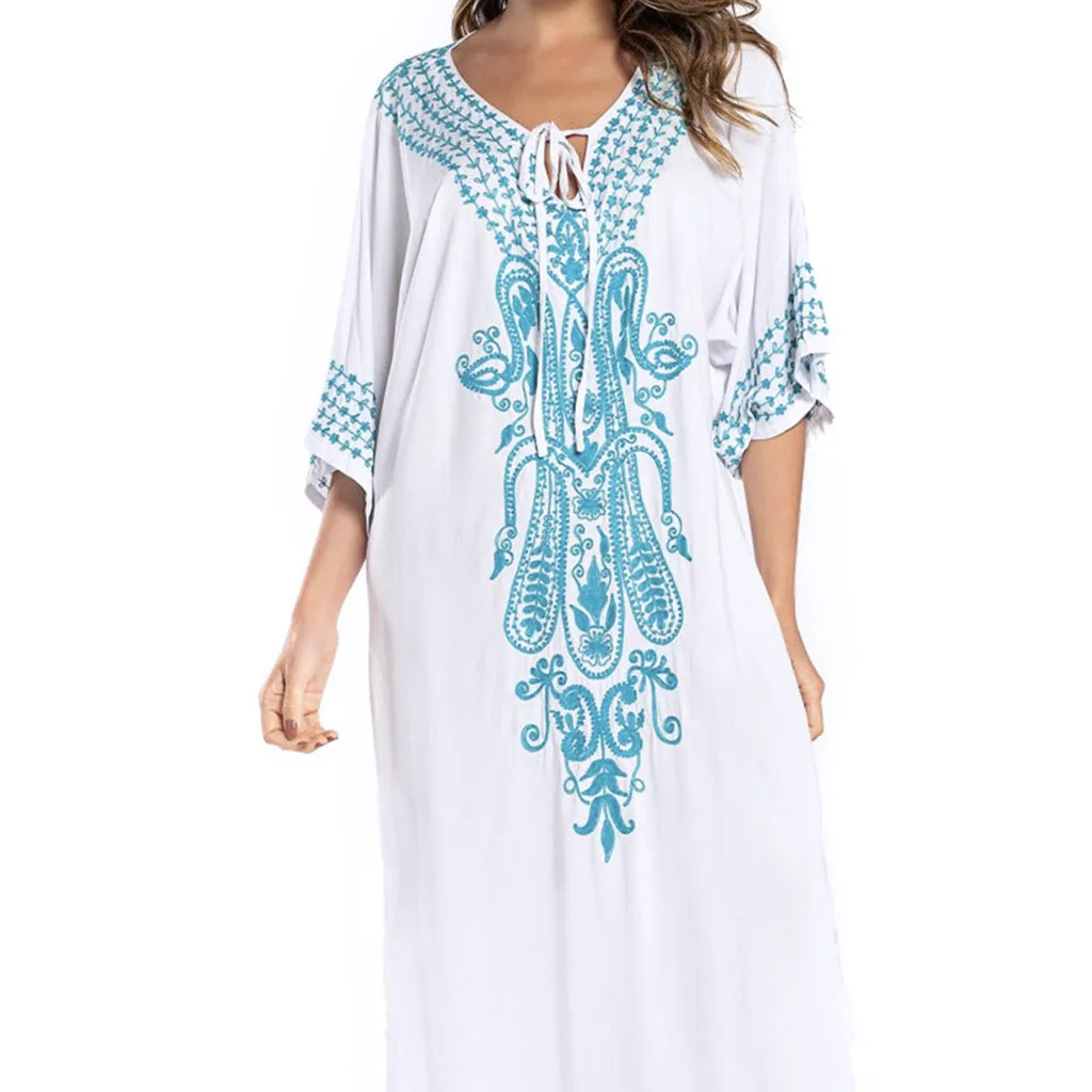 Женское платье Boho Vestidos Largos, на шнуровке, v-образный вырез, принт, рукав летучая мышь, три четверти, вышивка, длина по щиколотку, свободное летнее платье