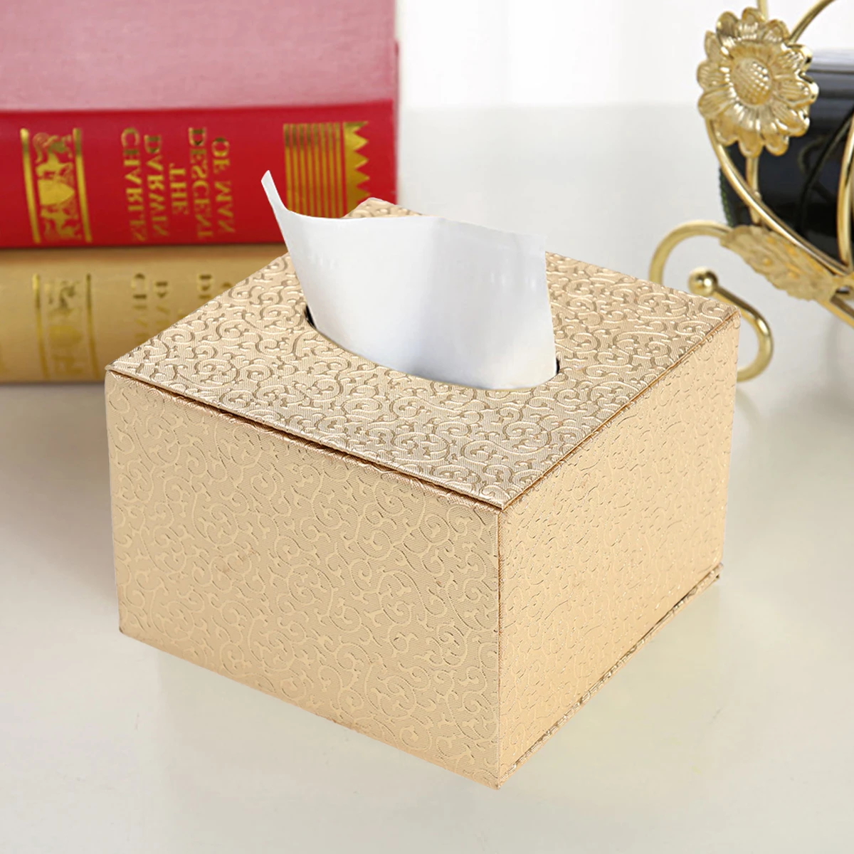 

1 Pc Retro Desktop Tissue Box Leather Square Wooden Paper Holder Napkin Case For Car Home Restaurant (Golden Lightning)