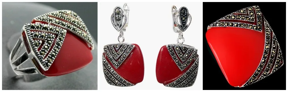 

NEW Noble Red Carved Lacquer Marcasite 925 Sterling Silver Square Ring(#7-10) Earrings & Pandent jewelry sets