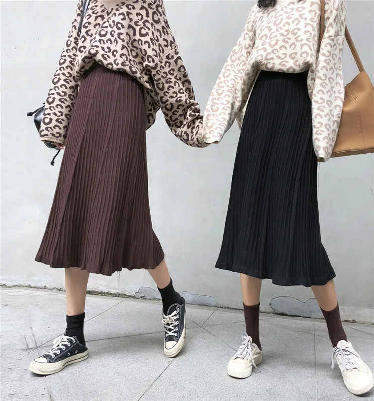 Winter Women Midi Skirts Korean Casual Ladies Solid Knitted Knit Thick A-line Flare High Waist Sweater Skirt Women