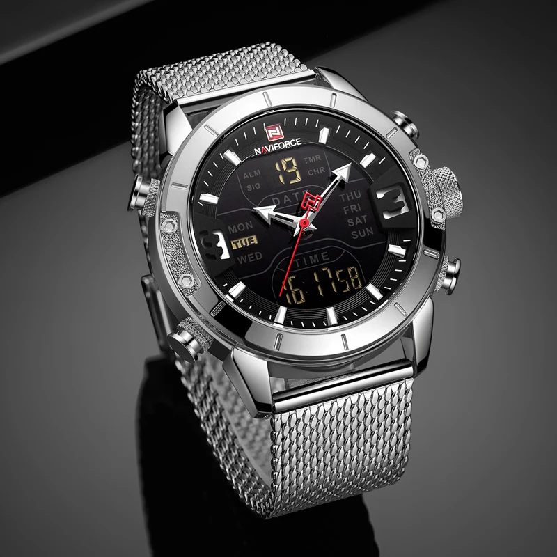 Top Luxury Brand NAVIFORCE Men Fashion Sports Quartz Watches LED Digital Clock Male Full Steel Mili