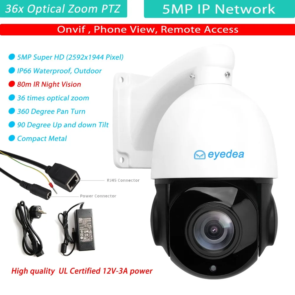 Эйедея Super HD 5MP IP-сети Onvif 36X Оптический зум PTZ 100 М CMOS Ночное Видение 4 дюймов IP66 Водонепроницаемый Скорость купол CCTV Камера