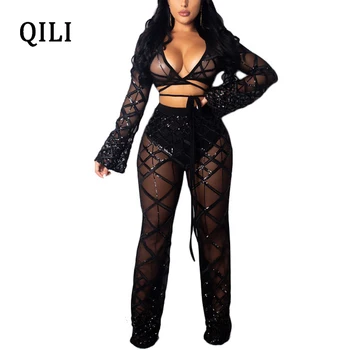 

QILI Mesh Sequins Sexy Jumpsuits For Women Plaid Long Sleeve V-neck Patchwork Two Piece Set Wide Leg Jumpsuit Romper Club Wear