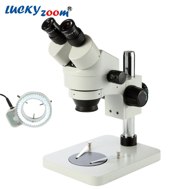 Lucky zoom Brand 7X 45X Table Pillar Stand Zoom Magnification Binocular Stereo Microscope inspect PCB microscope+144 ring light|pillar