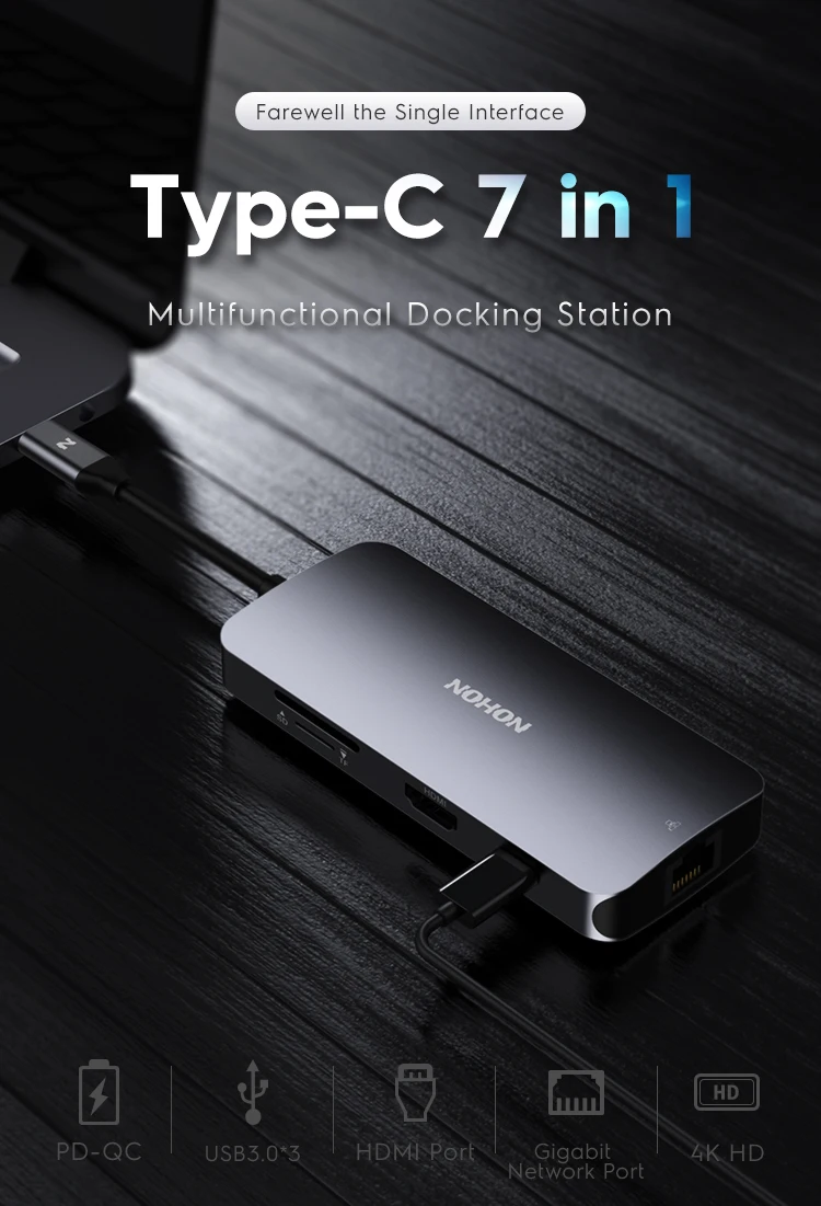 Nohon USB C HUB To RJ45 TF HDMI Thunderbolt 3 Adapter For MacBook Samsung Galaxy S9 Huawei P20 Mate 20 Pro Type C PD USB 3.0 HUB Laptop Mobile Phone Adapter Details (01)
