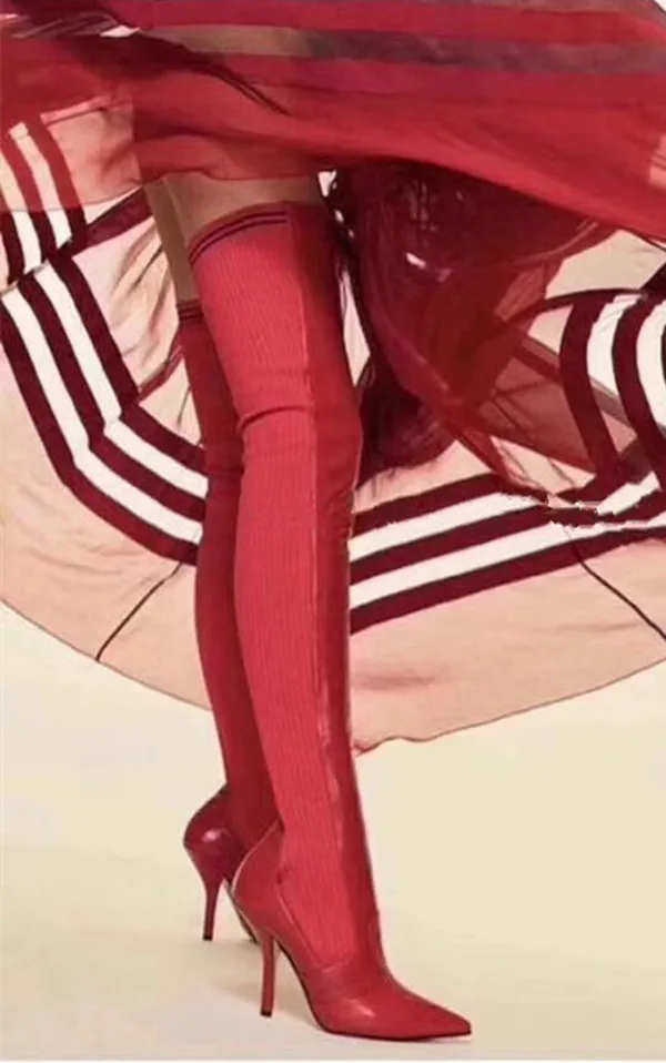 

New Autumn Winter Fashion Women Red Black OverKnee Long Boots Sexy Patchwork Slim High Heels Pointed Toe Party Shoes Woman Boots