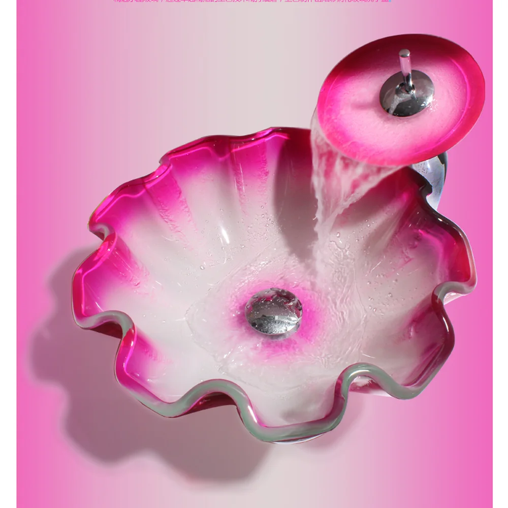 الإبداعية الوردي الزجاج مغسلة زهرة شكل الزجاج المقسى حمام سفينة الغرور بالوعة مع شحن المنبثقة استنزاف LO629301