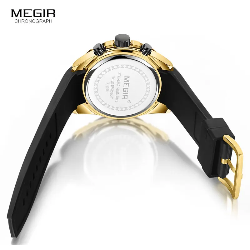 Мужские кварцевые часы MEGIR с силиконовым ремешком, спортивные наручные часы с хронографом для мужчин, часы Relogios Masculino, 2086, золотые, черные