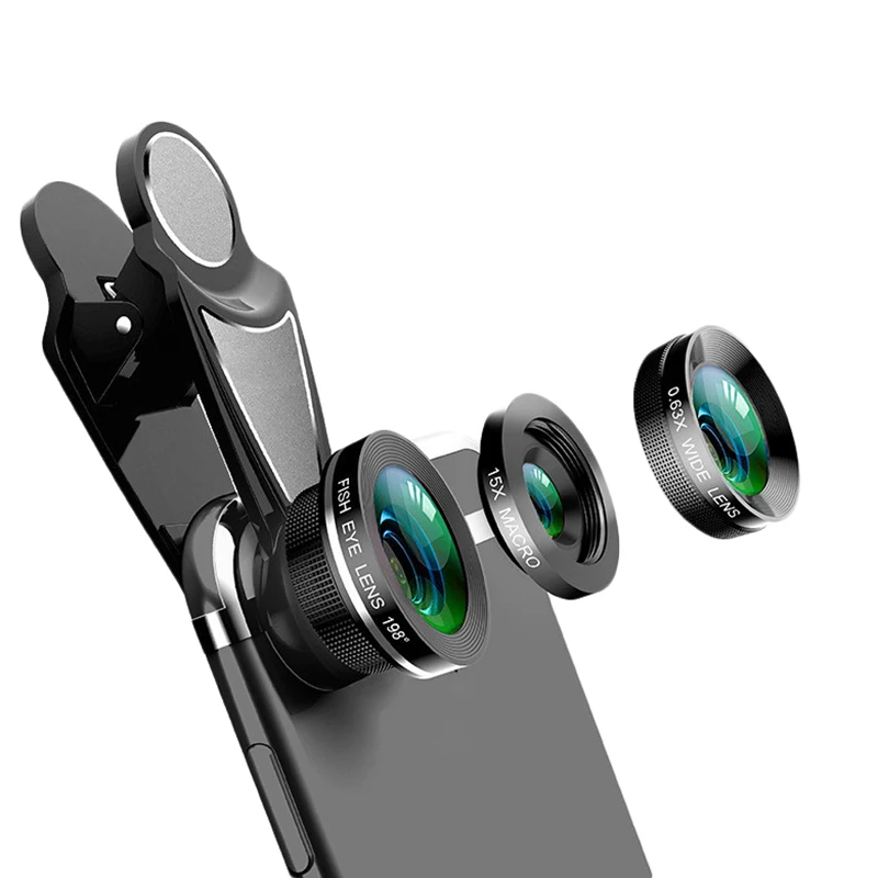 

3 In 1 Phone Camera Lens Kit Fish Eye 0.63X Wide-Angle 15X Macro Lens For Iphone X 8 7 Plus Nokia 6 5 Mobile Lens