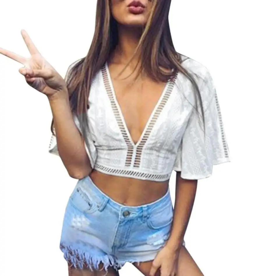 

FEITONG Sexy Hollow Out T-Shirt Women Fashion Backless Bandage Summer Clothes Tops Deep V Neck Flare Sleeve Short Blusa Top 0120