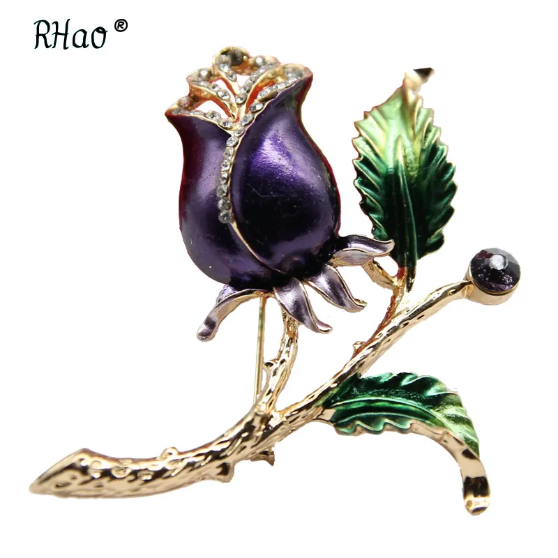 

RHao Enamel purple Tulip Flower Brooches Corsage Green Leaf plant Brooch pins clothes accessories for Women Dress scarf clips