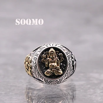 

SOQMO New Arrival Wide Ring 100% 925 Sterling Silver Lotus Retro Big Elephant God Ring Men Women Christmas gift fine jewelry