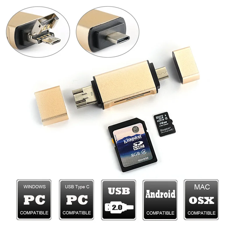 3 In 1 MicroSD SD TF USB2.0 MicroUSB Type-C OTG Universal Memory Card Reader Design for Ipad IPhone Android Phone PC Macbook
