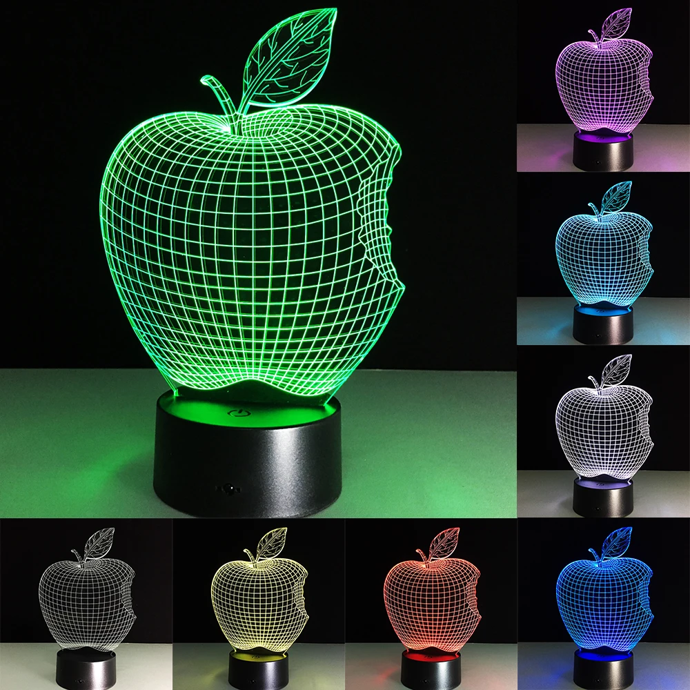 Acrylic 7 Colors Changing 3D Apple LED Nightlight Desk Table Lamp USB