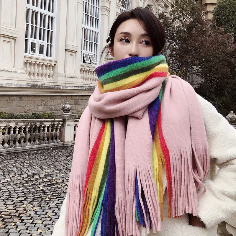 Женский кашемировый шарф Полосатое платье радужных цветов длинные шарфы осень зима утолщенный теплый воротник шарф кисточка шаль для женщин девушек