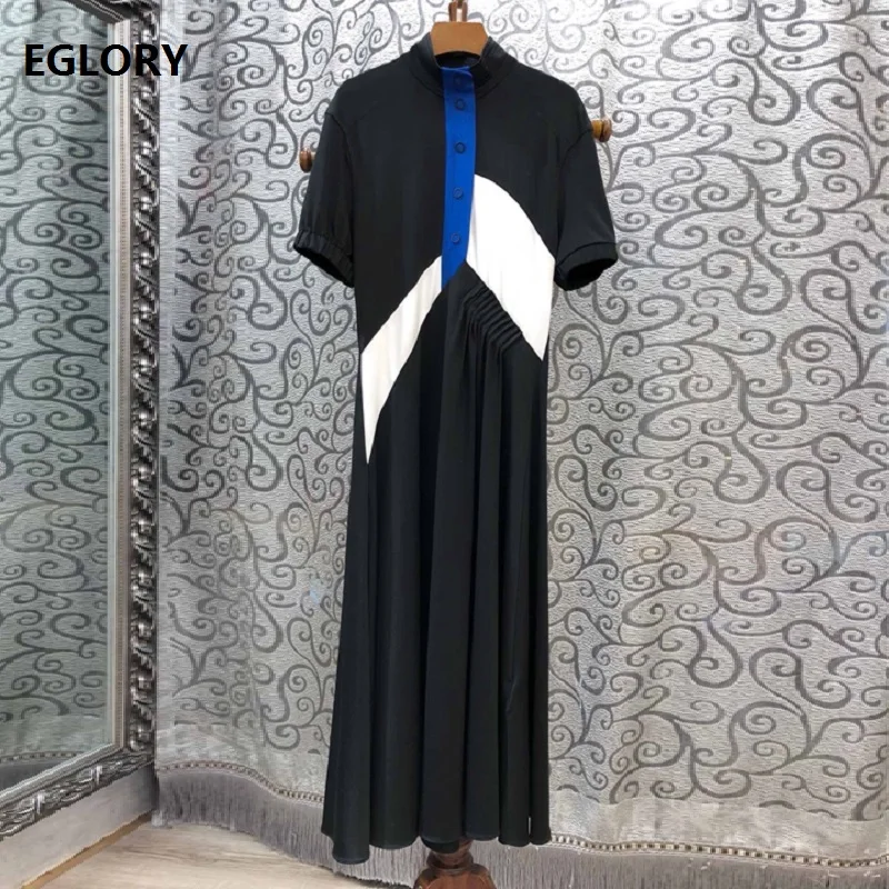

Latest Fashion Desinger Dress 2019 Summer Style Women Stand Neck Color Block Patchwork Short Sleeve Mid-Calf Dress Black Vestido
